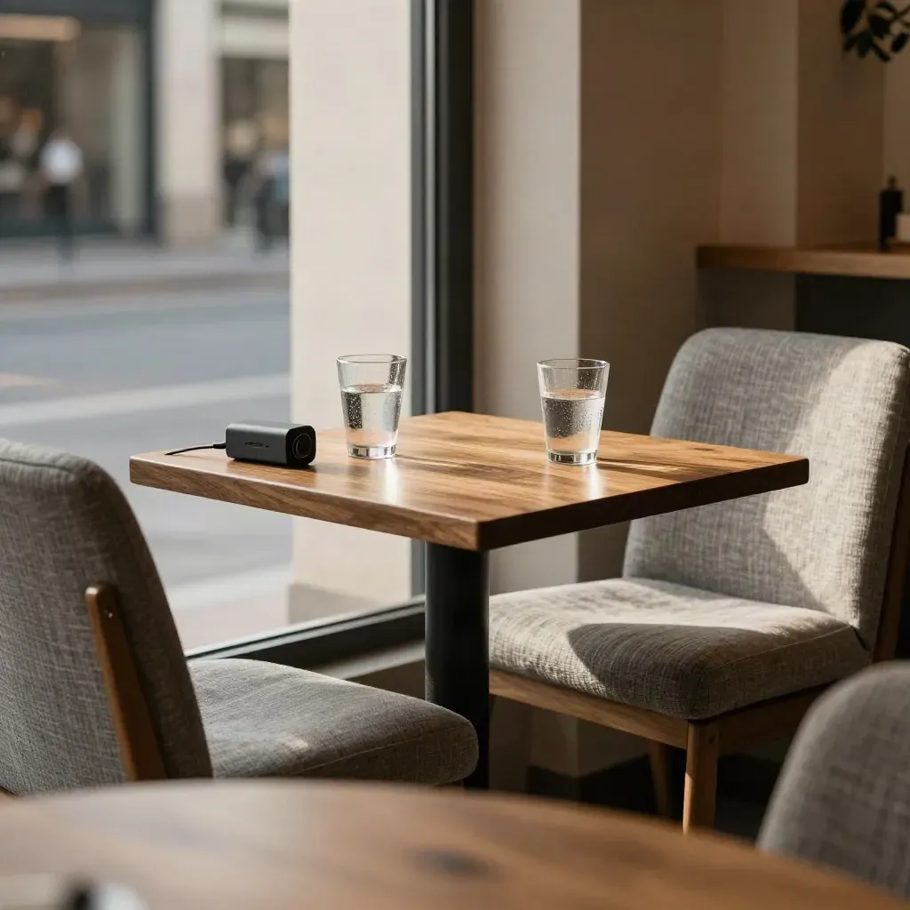 Rincón de entrevista vacío en un café cultural, con dos sillas, mesa pequeña y grabador apagado.