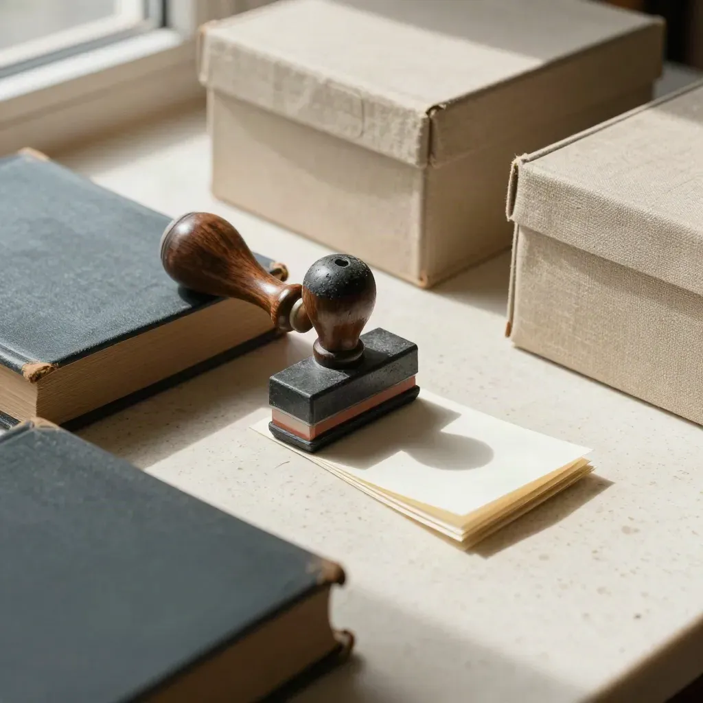 Mesa de archivo con libros viejos, cajas y un sello gastado sobre travertino claro.
