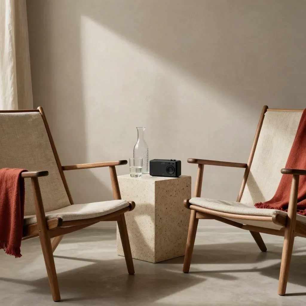 Dos sillones bajos frente a frente con mesa, vasos, jarra y grabadora en una sala cálida.
