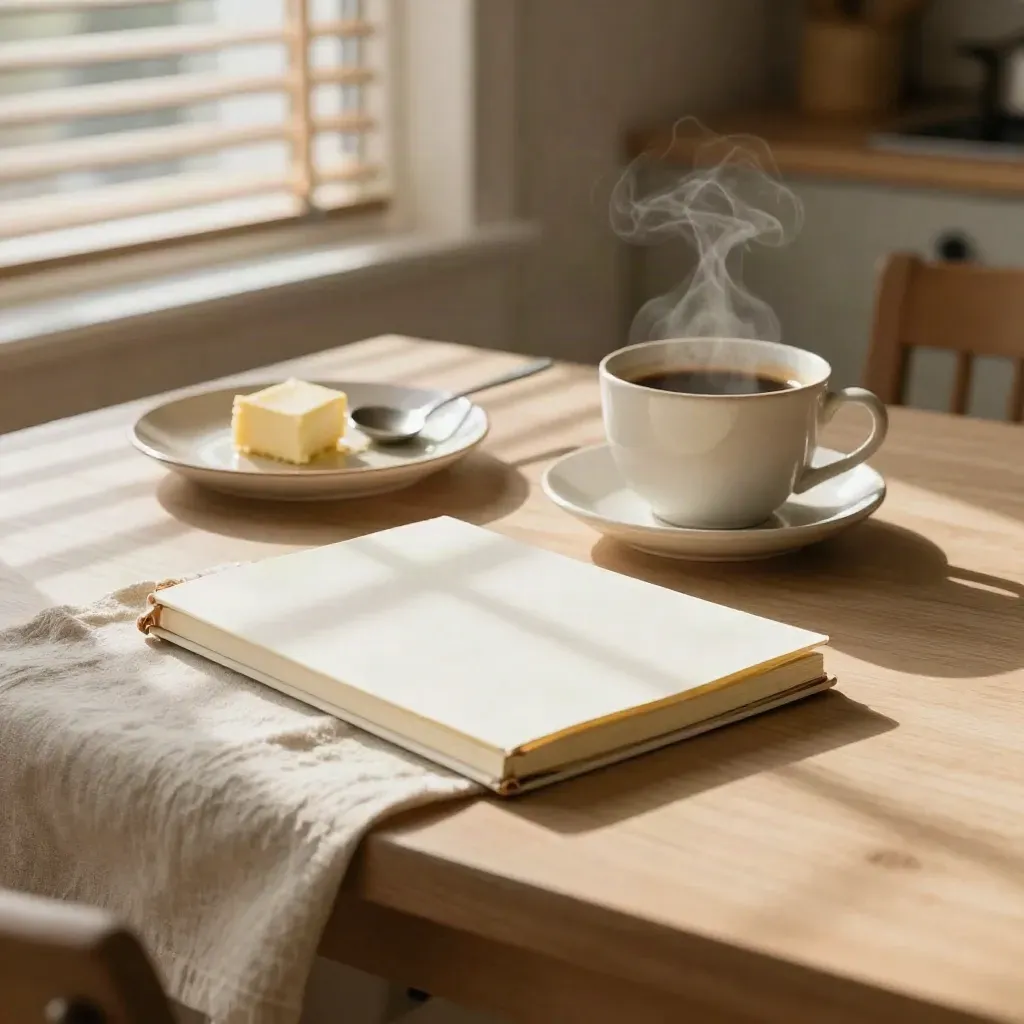 Mesa de desayuno junto a la ventana con libreta cerrada, café y sombras diagonales cálidas.