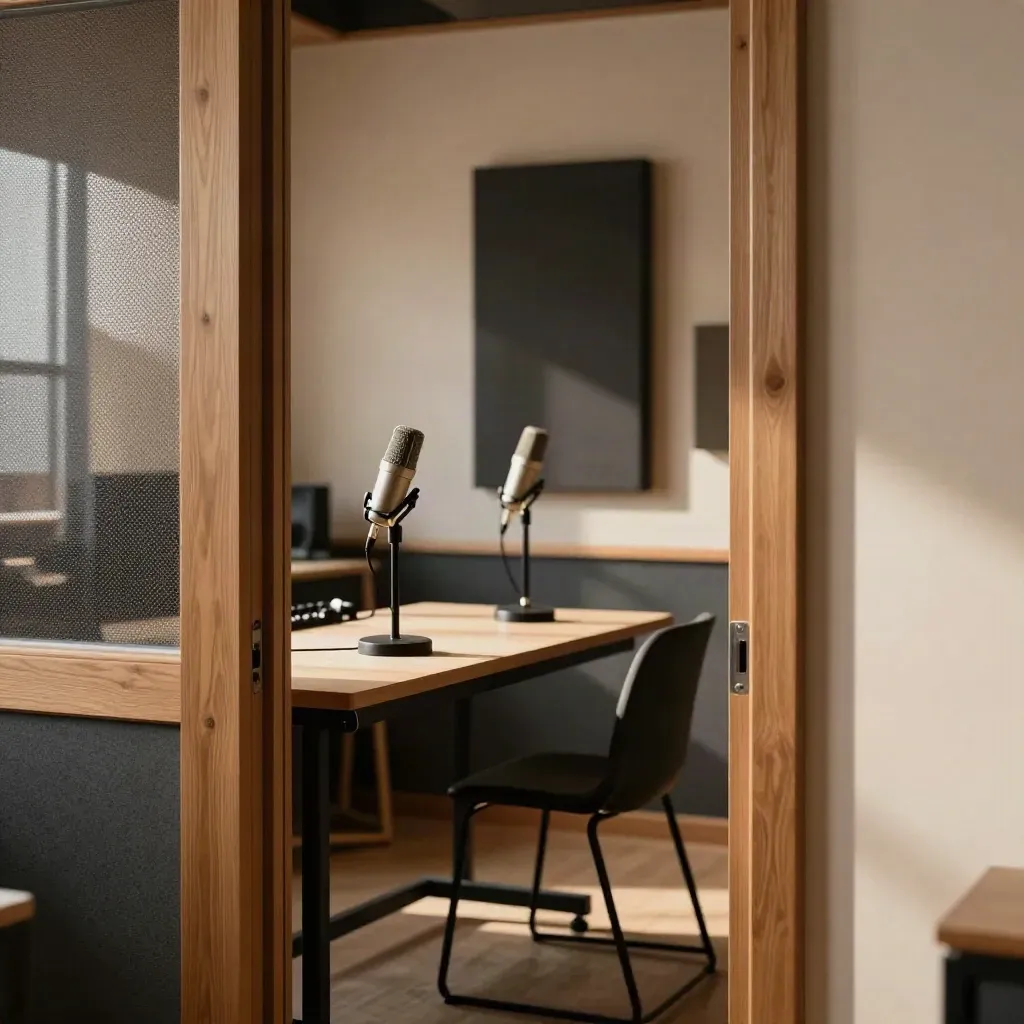 Estudio vacío con dos micrófonos, silla y mesa en diagonal, luz cálida por la puerta.
