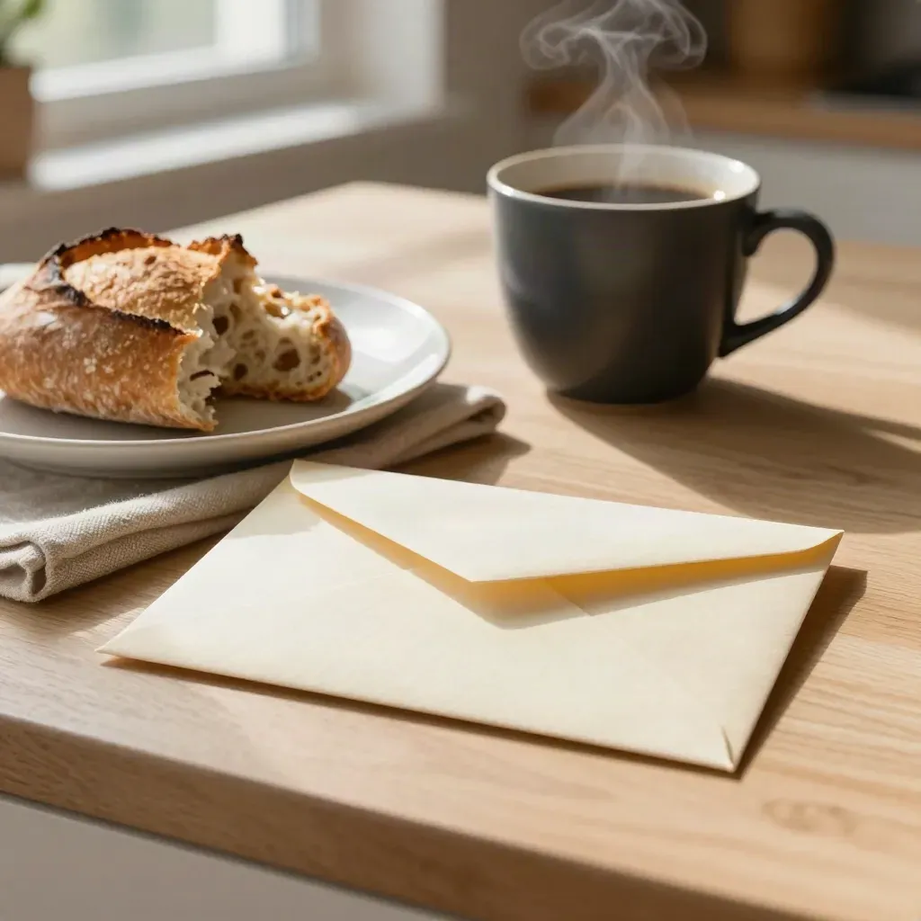 Sobre una mesa de cocina, café, pan y un sobre sellado junto a un paño de lino al amanecer.