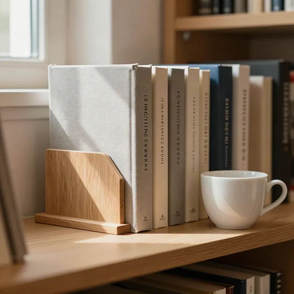 Balda de novedades con libros neutros, soporte de madera y taza de cerámica vacía en luz cálida.