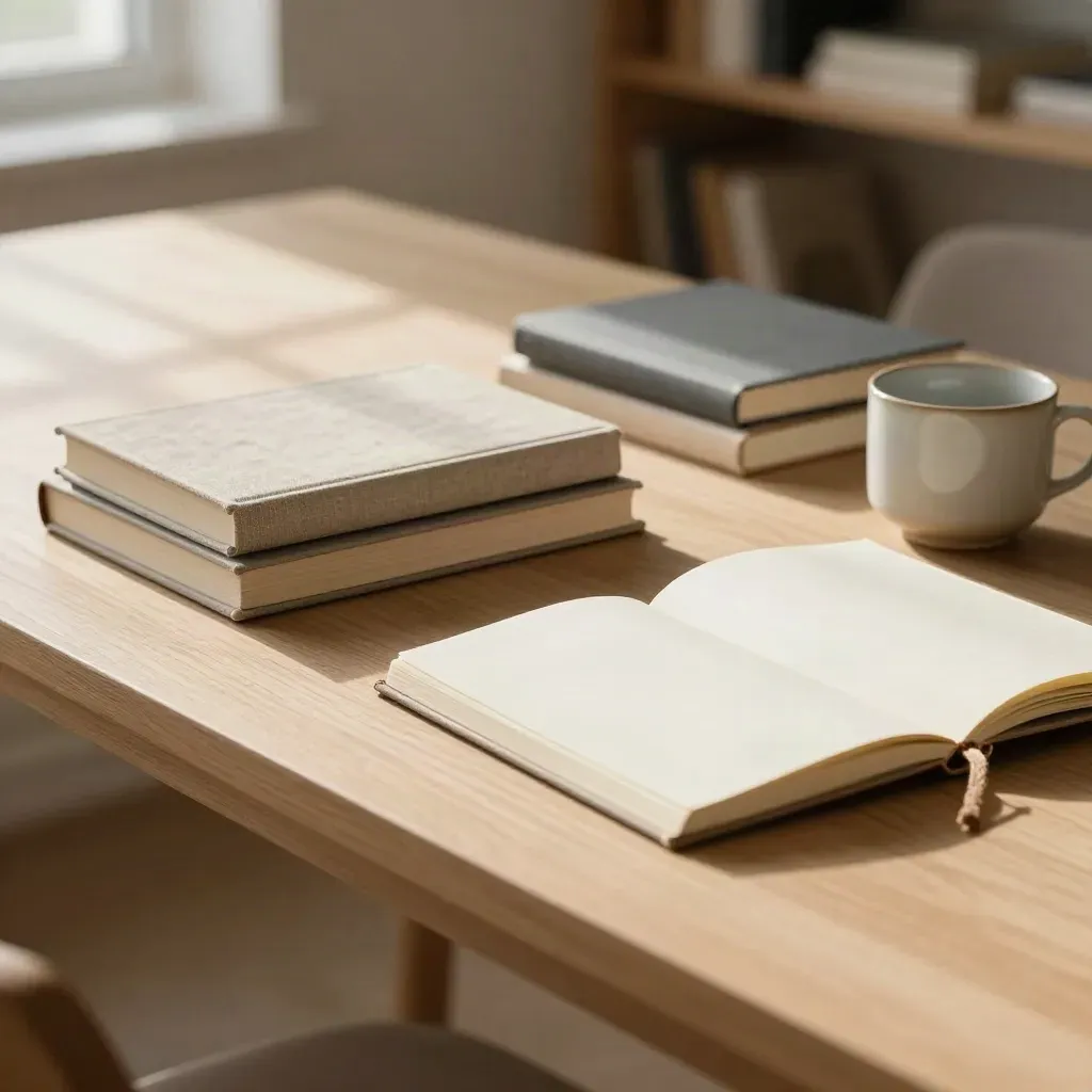 Mesa de lectura con tres libros, cuaderno abierto, marcapáginas de tela y taza baja.