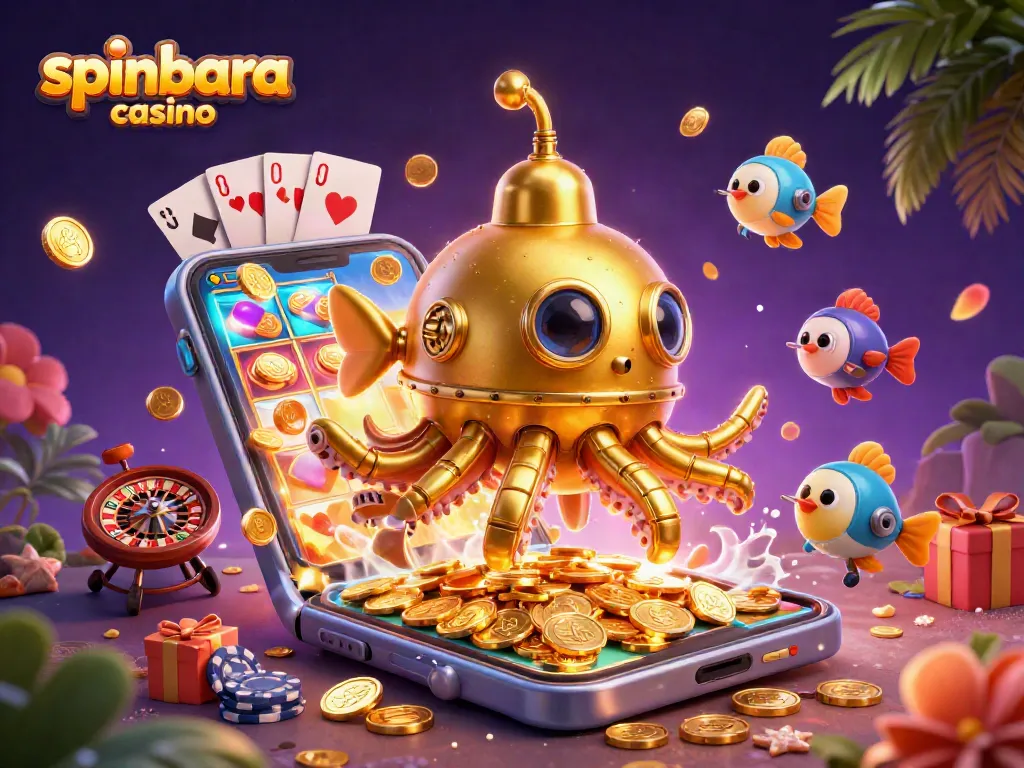 Engage with spinbara casino through thrilling games surrounded by golden coins and vibrant gaming elements.