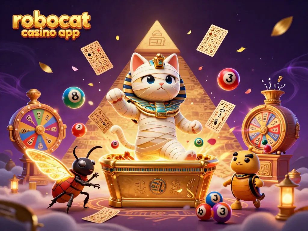 Engage with the robocat casino app in a vibrant 3D digital illustration featuring energetic gaming elements.